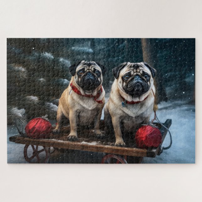 Puzzle Pug Snowy Sleigh Christmas Decor (Horizontal)
