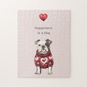 Puzzle Pullover rouge coeurs blancs Le bonheur est un chi