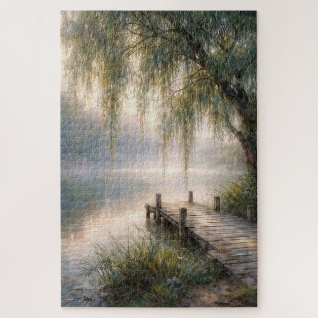 Puzzle Quai du lac brumeux avec saule pleureur (Vertical)