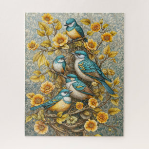 Puzzle Quatre mignons oiseaux bleus et blancs sur l'arbre