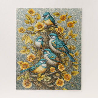 Puzzle Quatre mignons oiseaux bleus et blancs sur l'arbre
