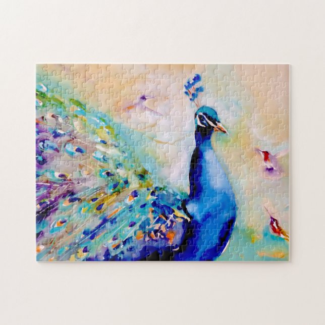 Puzzle "Qui est le plus joli ?" Paon et colibris (Horizontal)