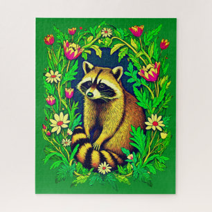 Puzzle Raccoon au milieu du jardin Fleur sauvage