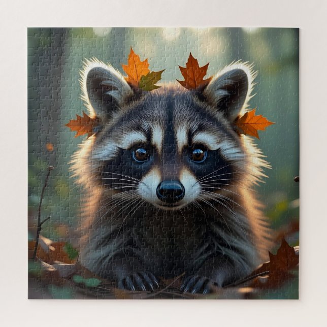 Puzzle Raccoon mignon dans les feuilles d'automne (Vertical)