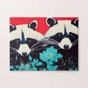 Puzzle Raccoons Adorables Avec Fleurs Bleues