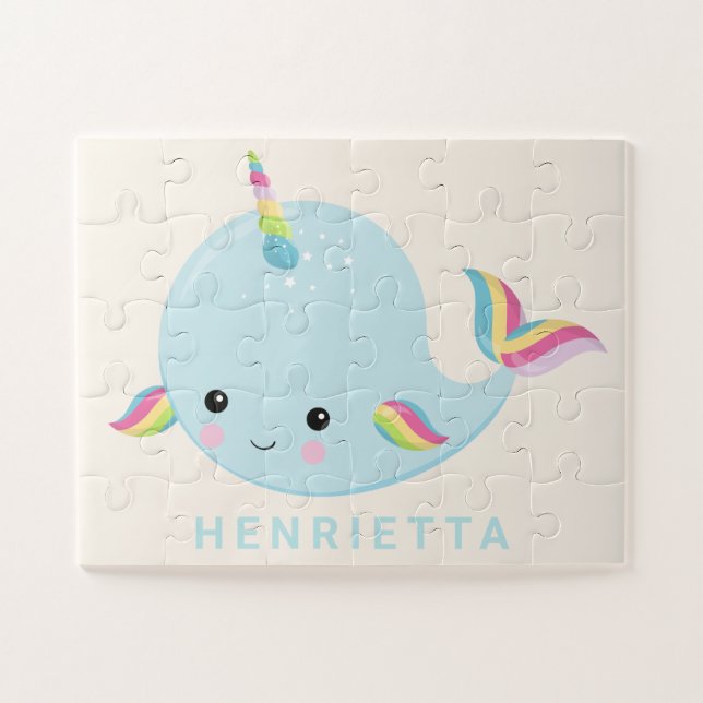 Puzzle Rainbow Narwhal Kawaii Motif Pastel Blue Nom (Horizontal)
