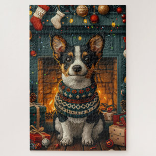 Puzzle Rat Terrier Chien Avec Les Cadeaux De Noël Cheminé