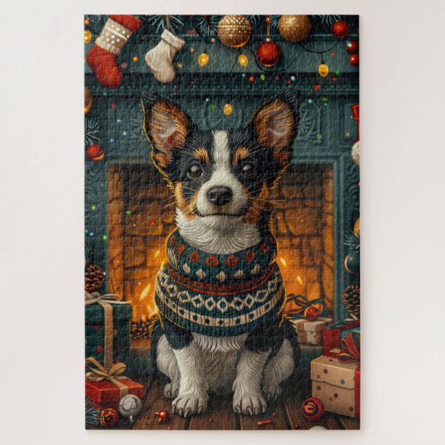 Puzzle Rat Terrier Chien Avec Les Cadeaux De Noël Cheminé (Vertical)