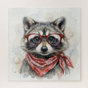 Puzzle Raton laveur portant des lunettes rouges et un ban