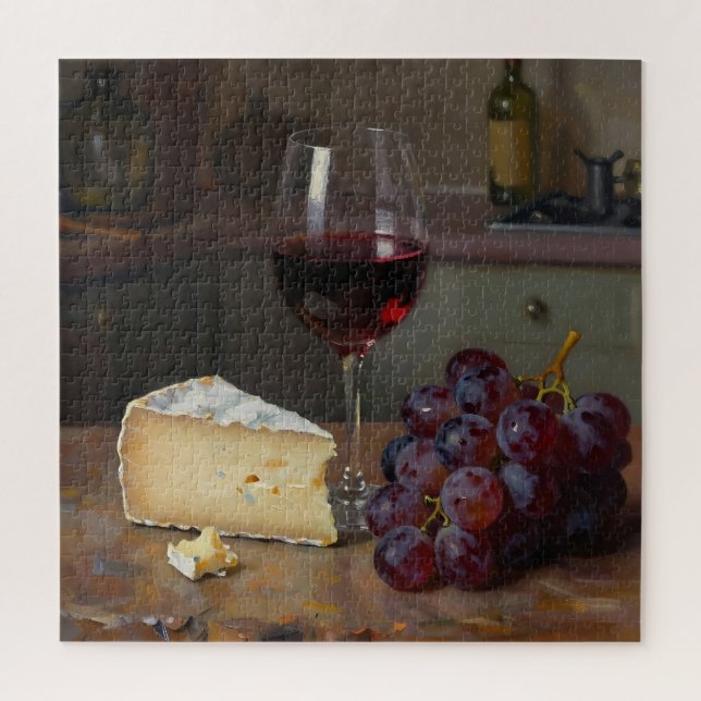 Puzzle Realistic Red Wine Cheese Grapes Still Life (Vertical)