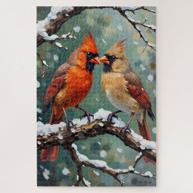 Puzzle Red Cardinal Bird Couple Valentine's Gift (Vertical)
