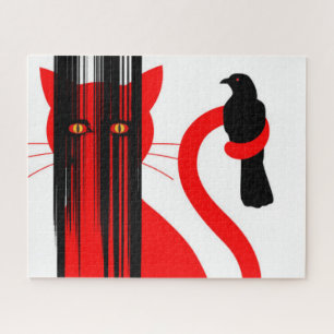 Puzzle Red cat and black bird illustration
