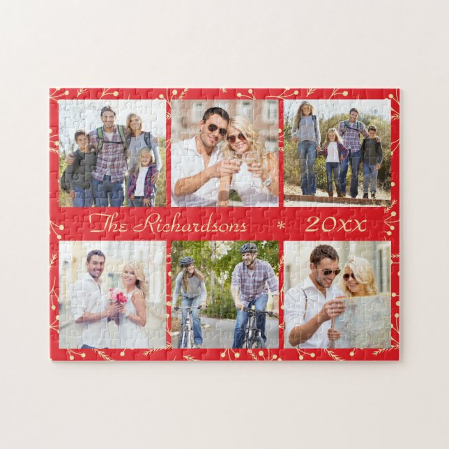 Puzzle Red Christmas Personalized 6 Photo Collage (Horizontal)