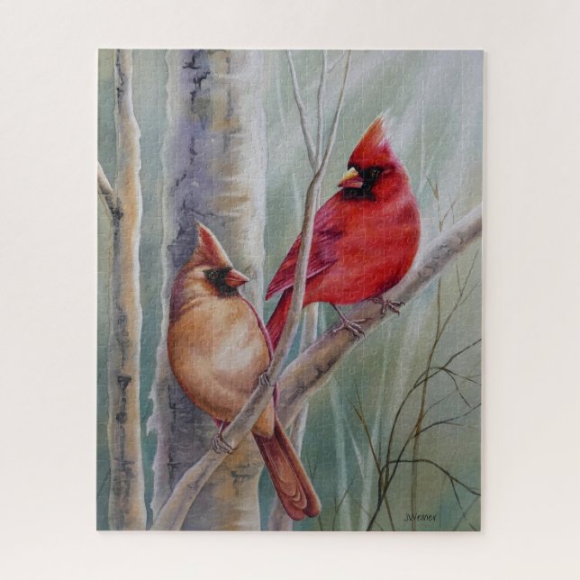 Puzzle Red Northern Cardinal Bird Pair Aquarelle Art (Vertical)
