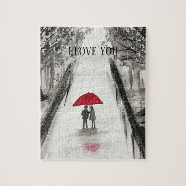 Puzzle Red Umbrella Love couple aquarelle Valentines jour (Vertical)