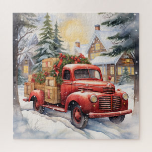 Puzzle Red Vintage Truck Noël Fête neige hiver
