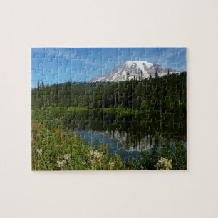 Puzzle Reflet du lac du mont Rainier avec des fleurs sauv