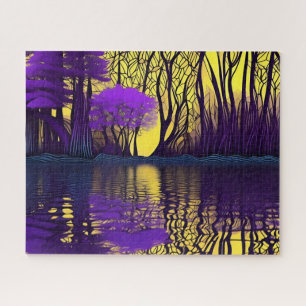 Puzzle Réflexion sur la forêt violette et jaune sur l'eau