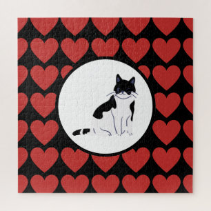 Puzzle Reine des coeurs rouges chat noir blanc chaton voi