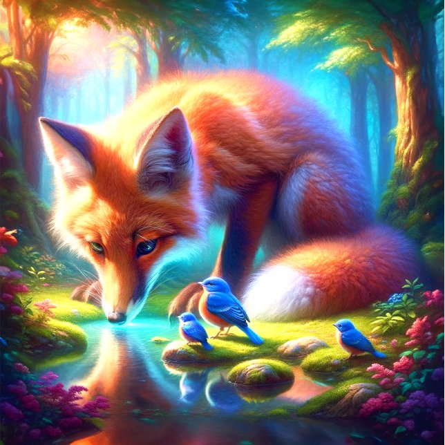 Puzzle Renard Avec Robins Américains En Forêt (Escape to nature's embrace with the Fox and American Robins puzzle. Serenity awaits!)
