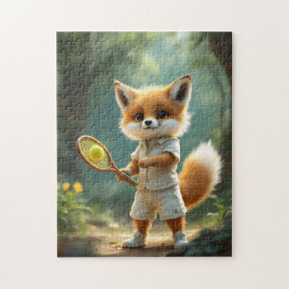 Puzzle Renard mignon jouant au tennis dans une forêt ench