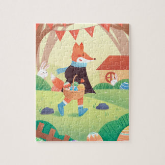 Puzzle Renard portant un panier d'œufs de Pâques décorés