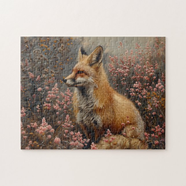 Puzzle Renard rouge avec peinture Fleur sauvage rose (Horizontal)