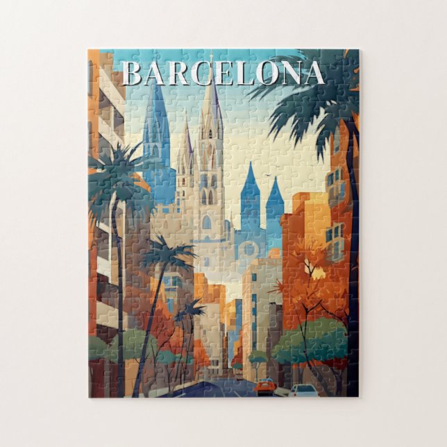 Puzzle Retro Barcelona Vintage Travel Illustration (Vertical)