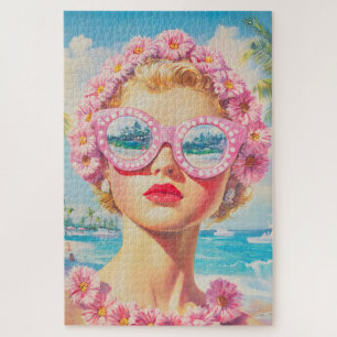 Puzzle Retro Beach Girl avec lunettes de soleil florales