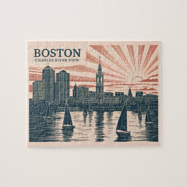 Puzzle Retro Boston Sailboats Skyline Art Classic Bold (Horizontal)