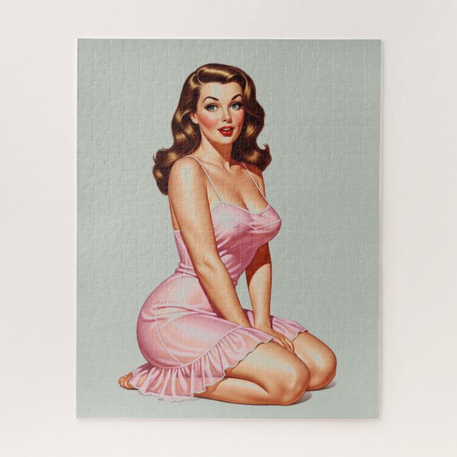 Puzzle Retro Brunette Pin-up Girl in Pink  (Vertical)