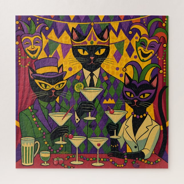 Puzzle Retro Futuristic Mardi Gras Black Cat Martini Club (Vertical)