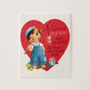 Puzzle Retro Saint-Valentin, garçon vintage pêchant des c