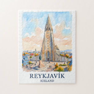 Puzzle Reykjavik Islande Église Aquarelle Toit Voyage