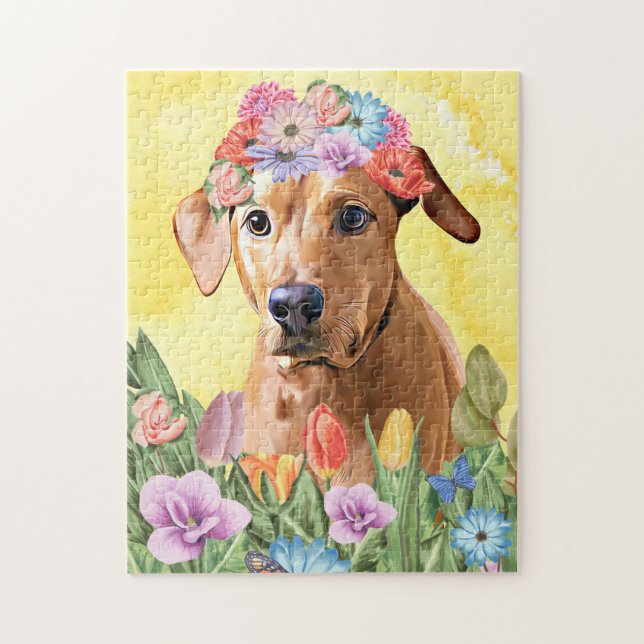 Puzzle Rhodesian Rdgeback Chien avec Fleurs Printemps (Vertical)