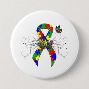 Puzzle Ribbon Butterfly 3 Inch Round Button