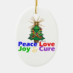 Puzzle Ribbon Christmas Peace Love, Joy & Cure Ceramic Ornament