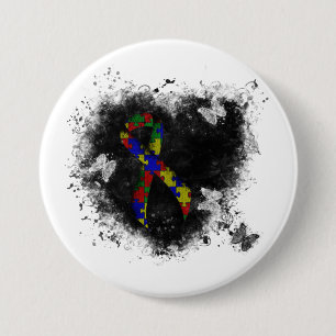 Puzzle Ribbon Grunge Heart 3 Inch Round Button