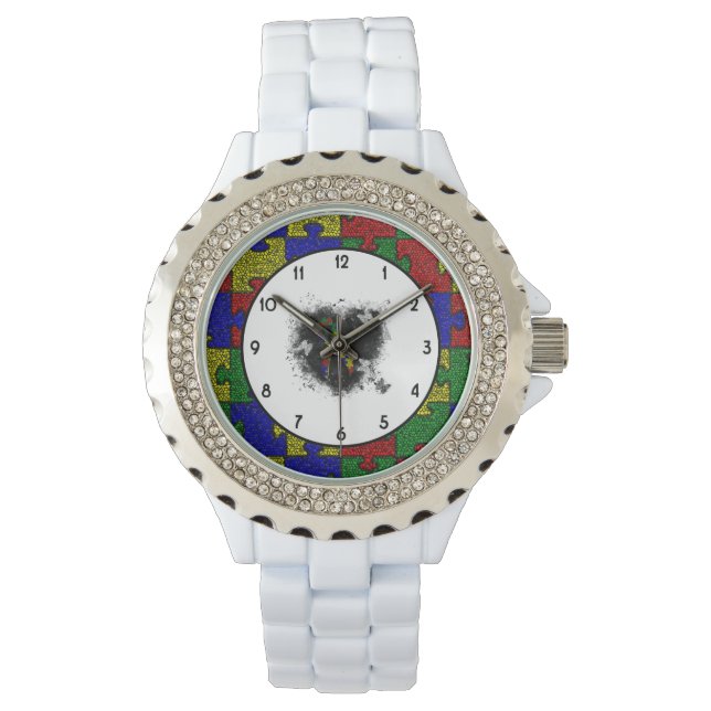 Puzzle Ribbon Grunge Heart Watch (Front)