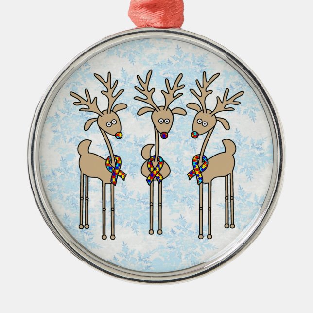 Puzzle Ribbon Reindeer - Autism Awareness Metal Ornament (Front)