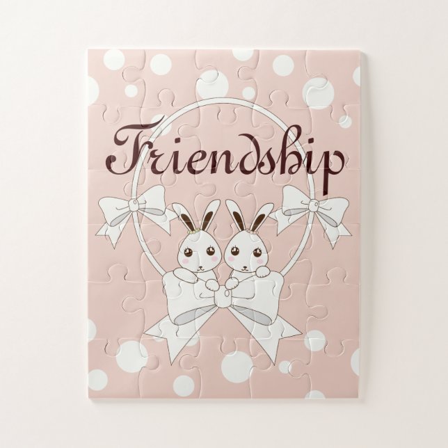 Puzzle Ribbon rose Pastel blanc cassé mignon Bunny jumeau (Vertical)