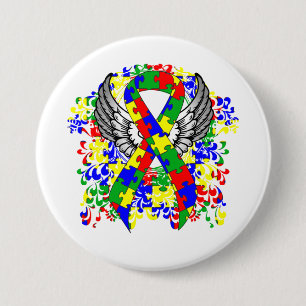 Puzzle Ribbon With Wings 3 Inch Round Button