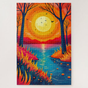 Puzzle Rivière au coucher de soleil lumineux, peinture de