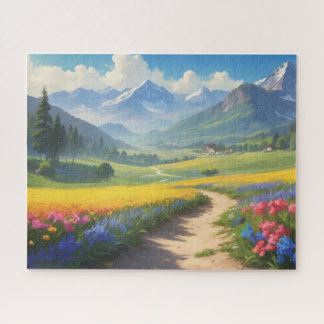 Puzzle  road leading to the village with mountains in the