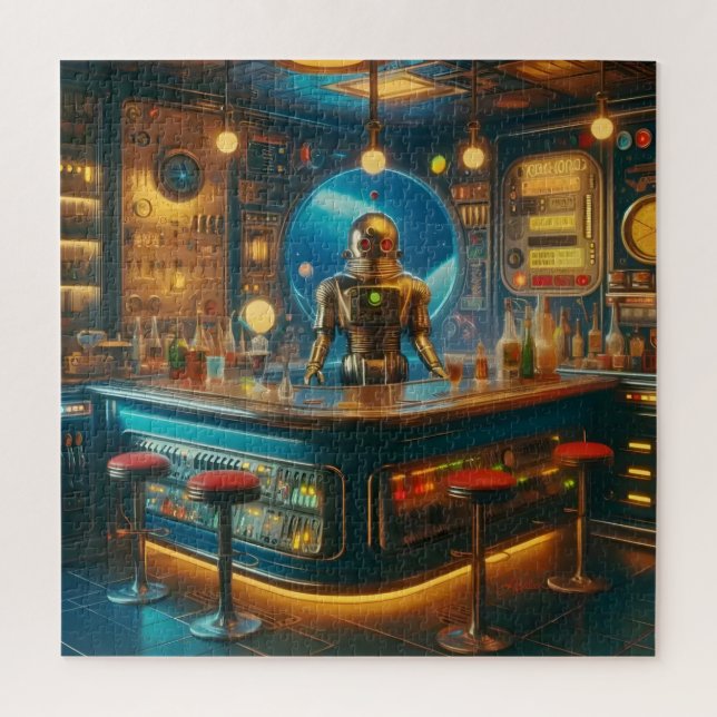 Puzzle Robot Bartender in Interstellar Space Age Dive Bar (Vertical)