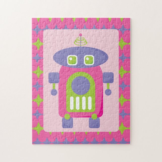 Puzzle Robot rétro rose, violet et vert avec étoiles (Vertical)