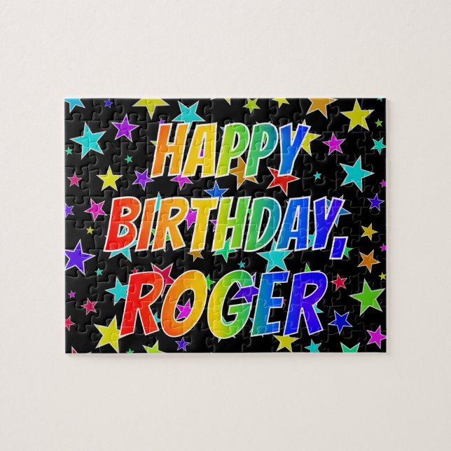 Puzzle "ROGER" Prénom, amusant "HEUREUX ANNIVERSAIRE" (Horizontal)