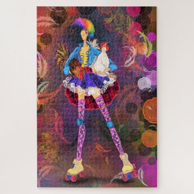 Puzzle Roller Skater Punk Farm Girl and Roosters Peinture (Vertical)