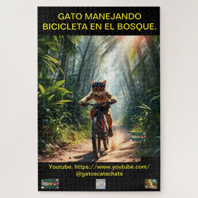 PUZZLE ROMPECABEZA GATO MANEJANDO BICICLETA EN EL BOSQUE. (Vertical)