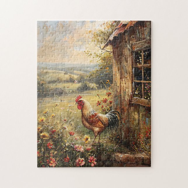 Puzzle Rooster sur la peinture de ferme Rustique (Vertical)